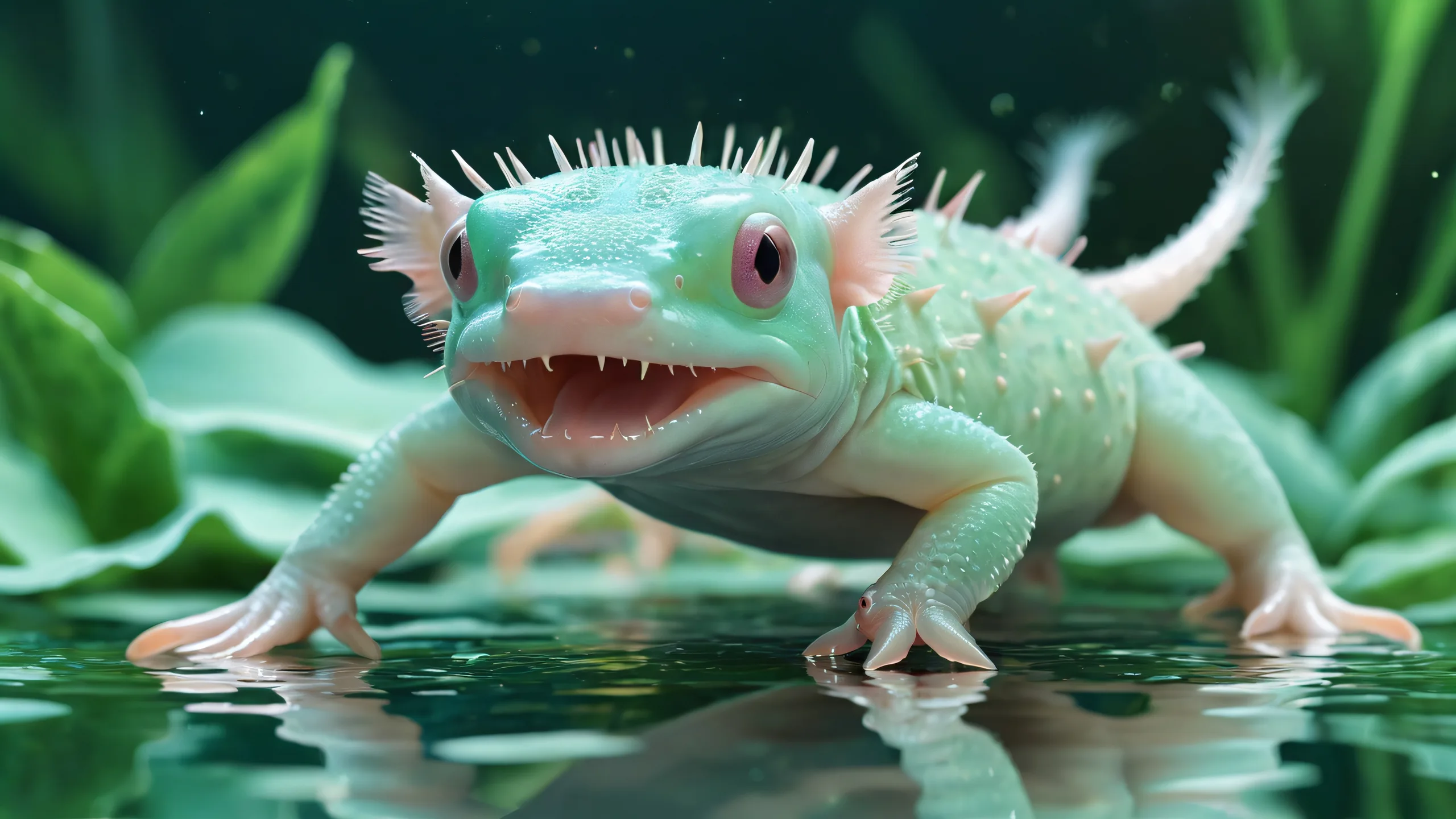 Desktop/PC wallpaper featuring an axolotl in a vast, pure void with ethereal lighting and radiant colors.