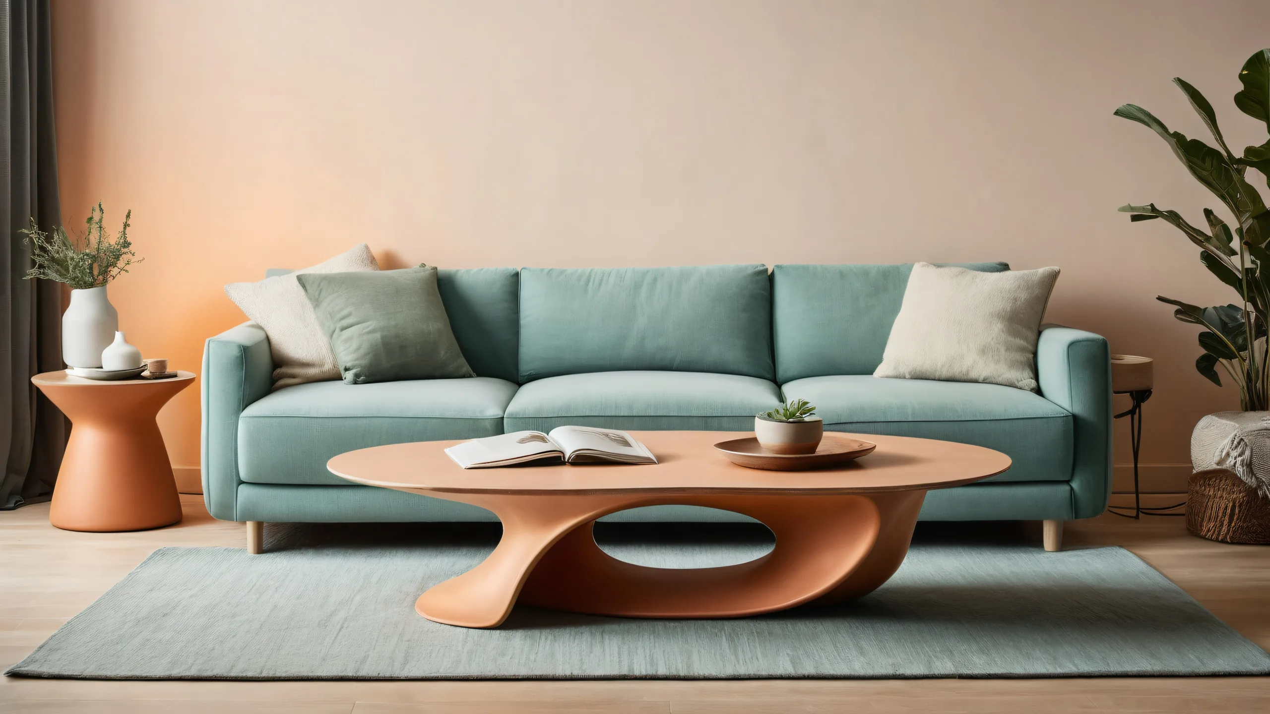 Cozy minimalist living room with Axolotl-inspired furniture and bioluminescent accent wall, perfect for a desktop background.