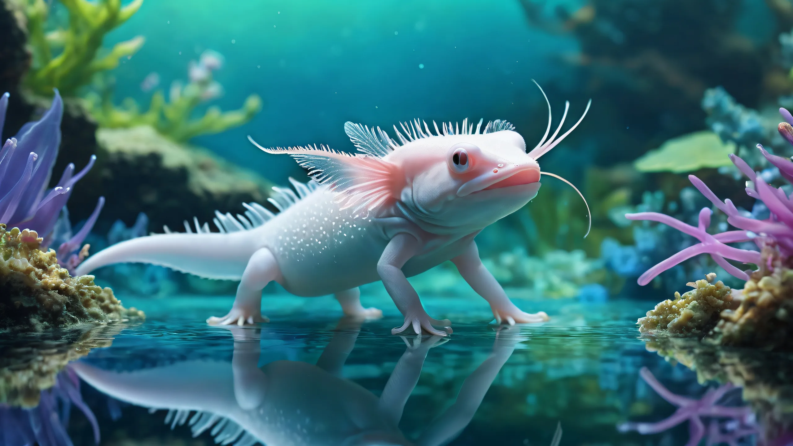 A serene underwater scene featuring an axolotl amidst a vast, pure void with subtle iridescent sheen. Perfect for your desktop or PC.