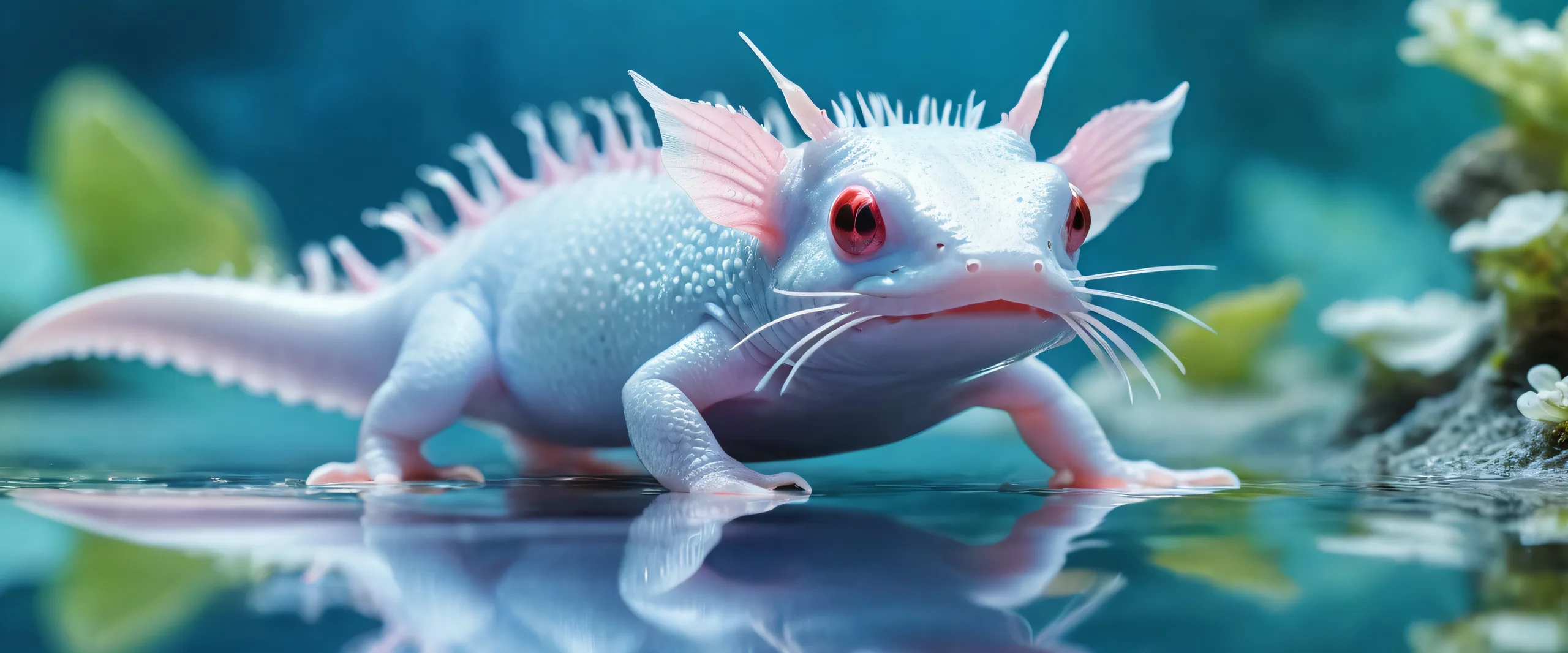 Stunning desktop image of an axolotl in a pure void environment with radiant colors and reflections, perfect for Desktop/PC use.
