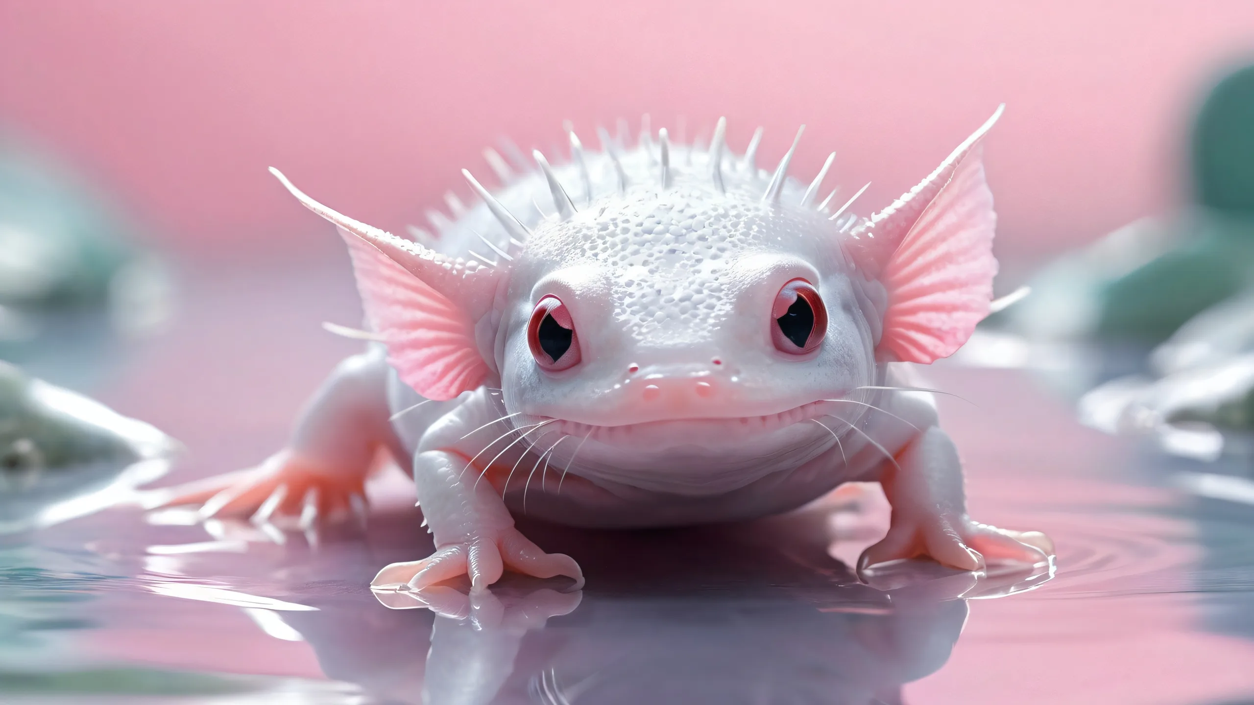 A serene desktop wallpaper featuring an axolotl in a vast pure void with extreme depth of field, suitable for Desktop/PC use.