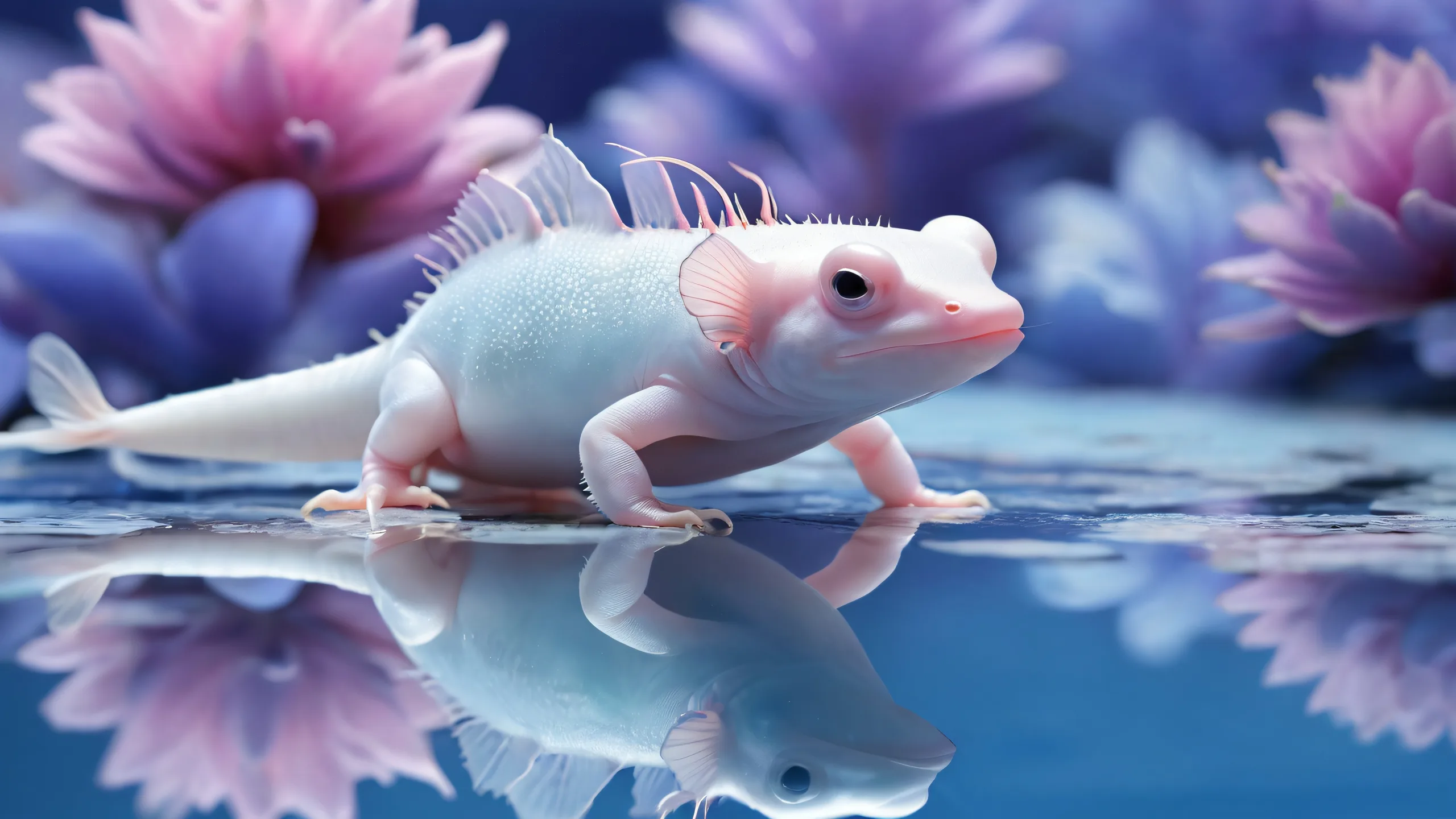 A serene axolotl desktop scene with a vast pure void and ethereal lighting for your PC or Desktop.