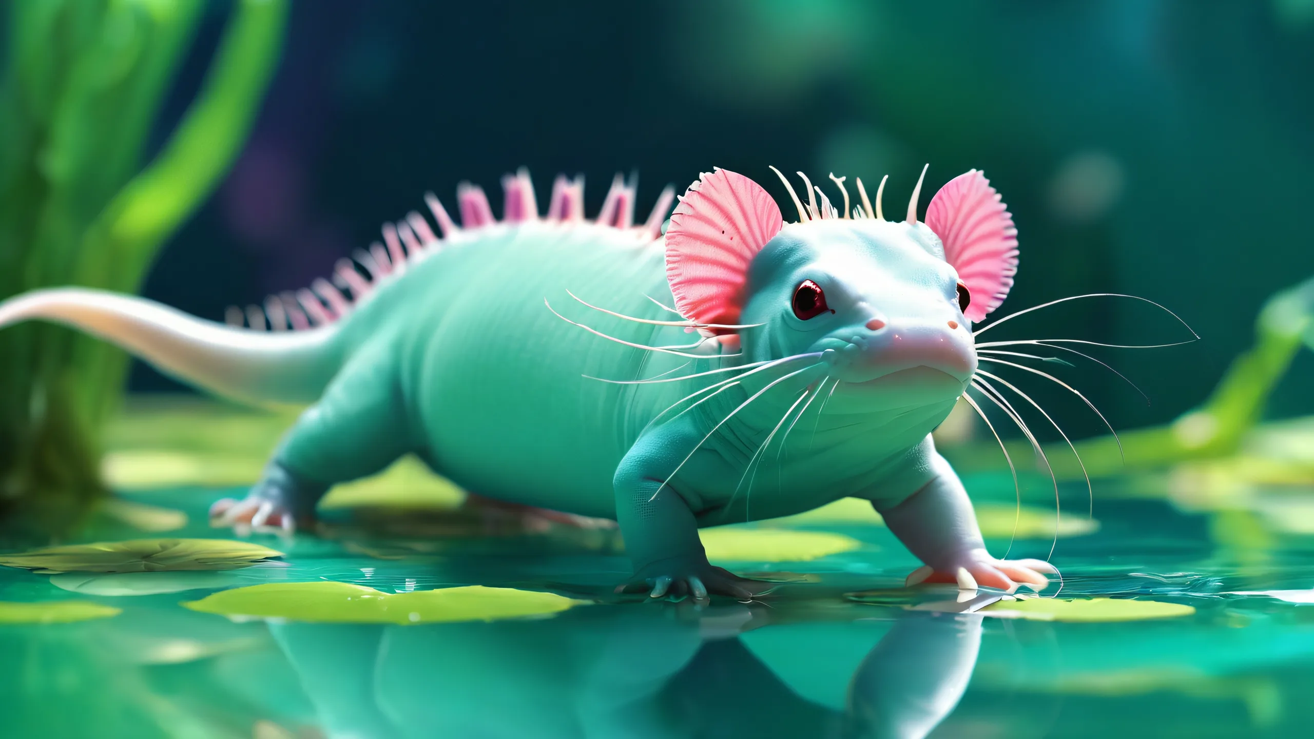 A serene desktop wallpaper featuring an axolotl in a vast, pure void with radiant, brilliant colors and ray traced reflections on a pristine Desktop/PC.