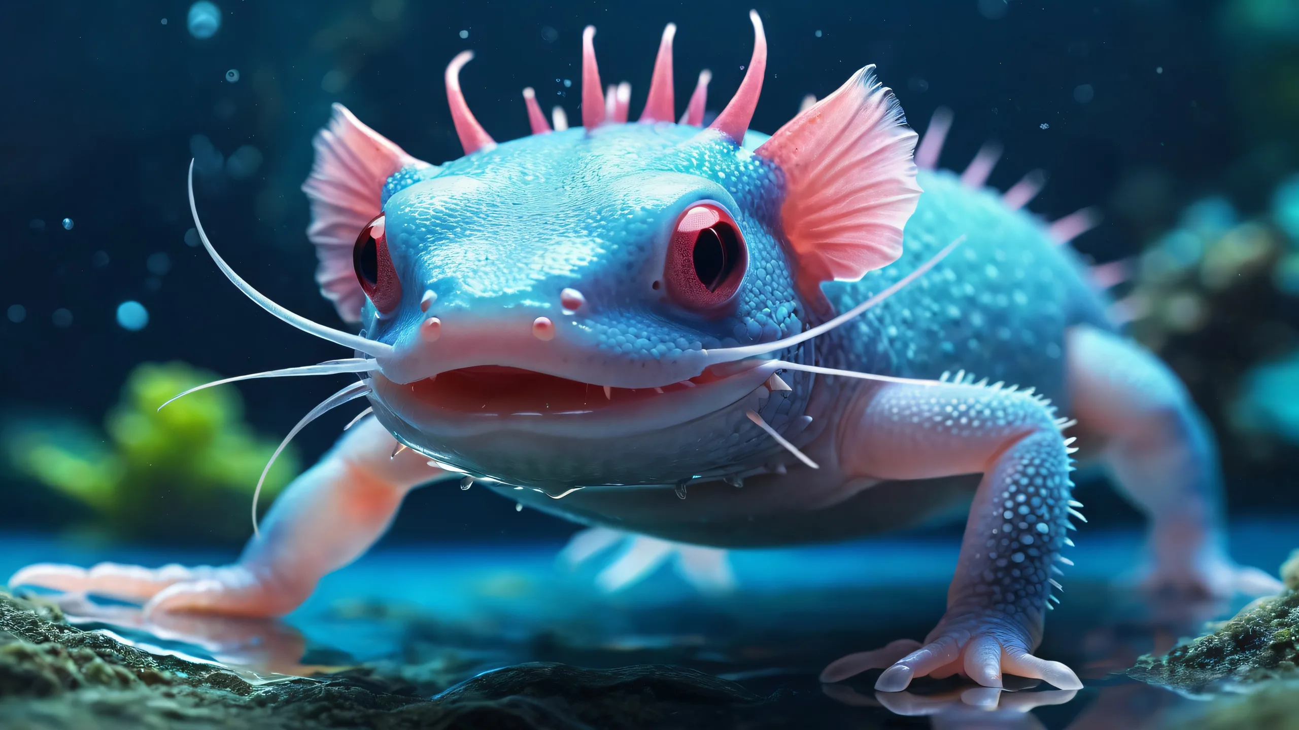 A stunning aquatic desktop scene featuring an axolotl in a vast pure void with ethereal lighting, perfect for your desktop/pc.
