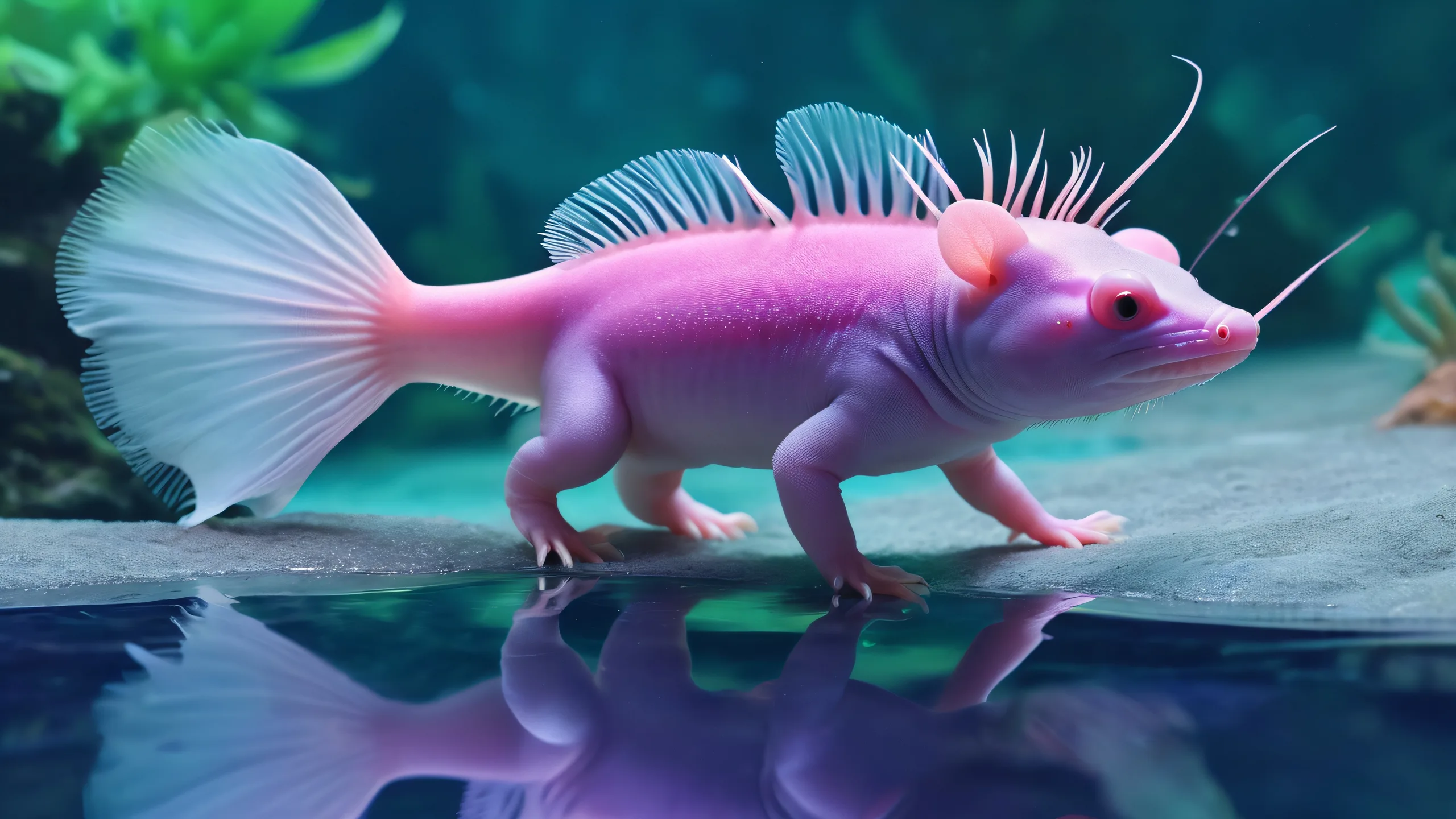 A serene axolotl swimming in a vast pure void on a desktop or PC, perfect for those who appreciate whimsical and calming visuals.