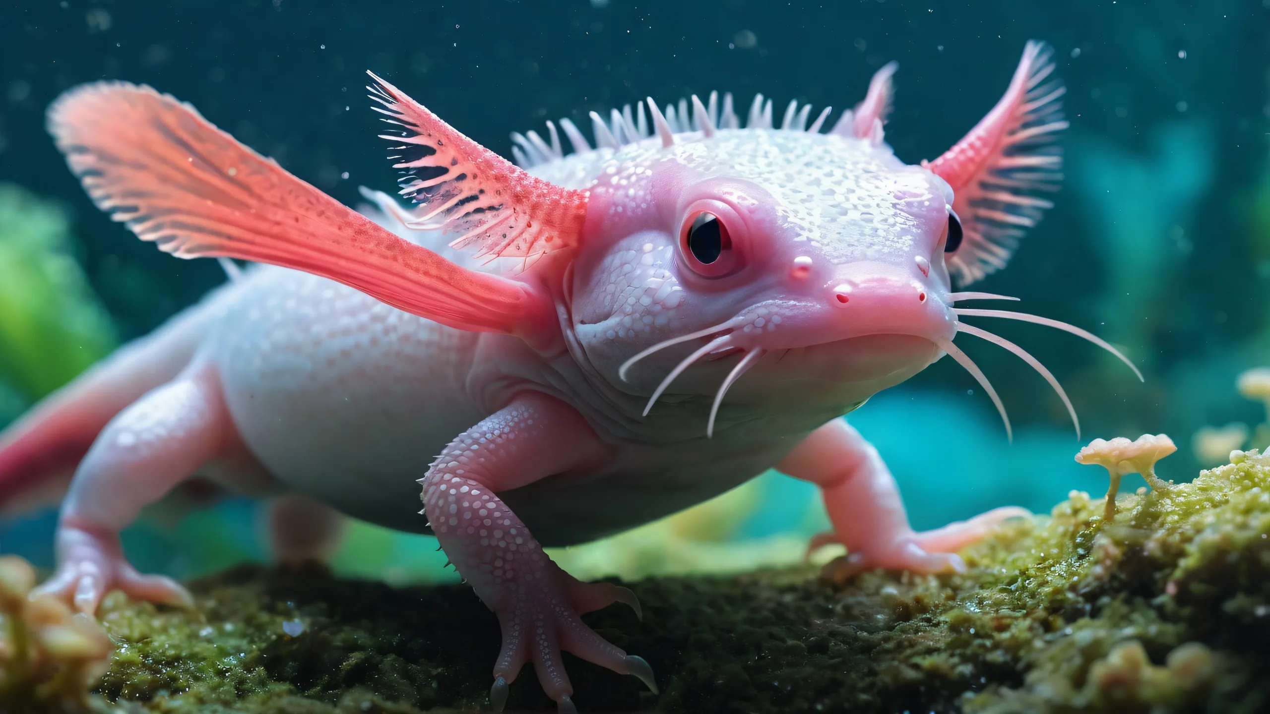 A stunning desktop wallpaper of axolotls set against a vast, pure void. Perfect for Desktop/PC use.