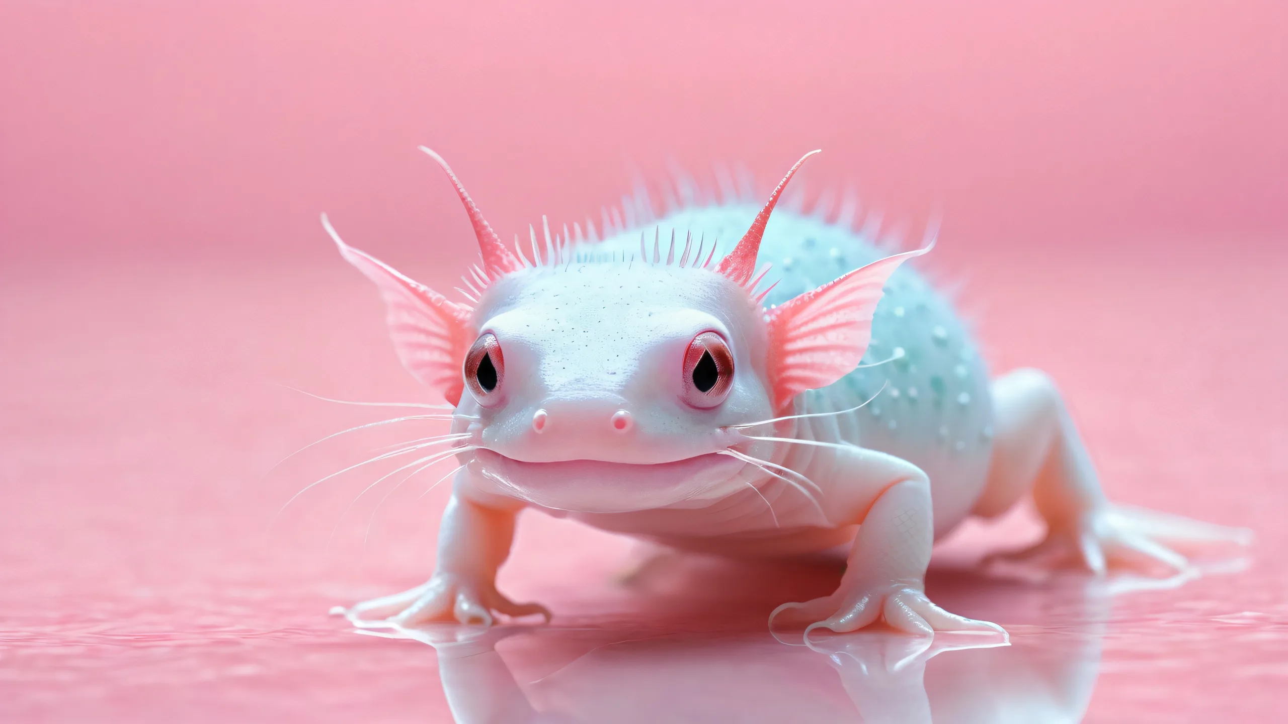 A stunning desktop wallpaper featuring an axolotl in a vast, pure void with extreme depth of field. Ideal for your Desktop/PC.