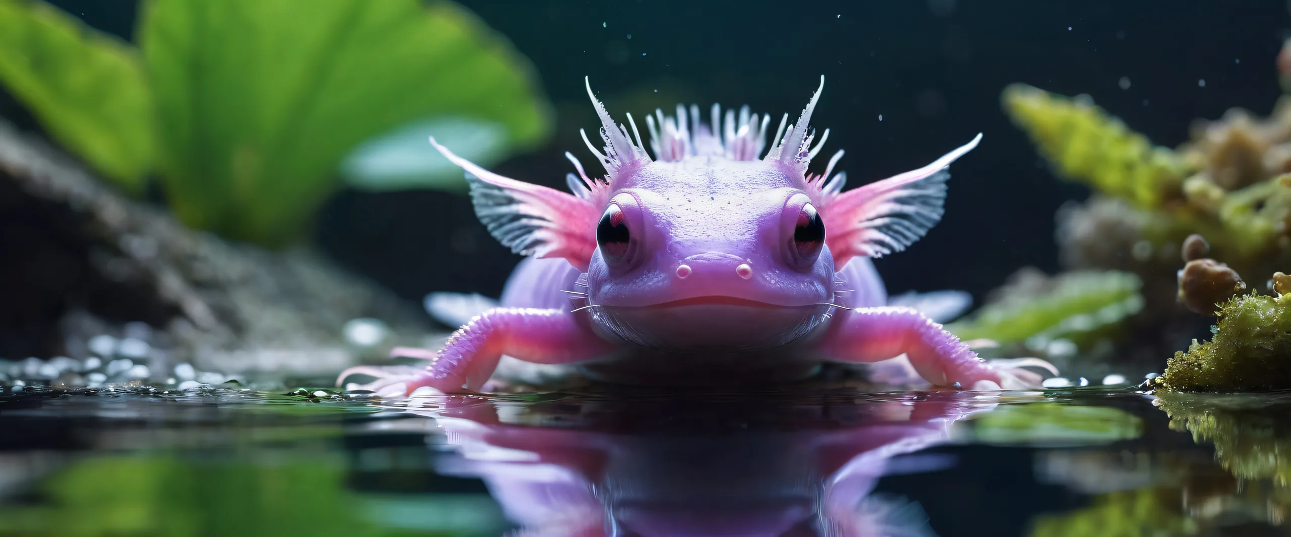 Desktop/PC wallpaper of an axolotl in a vast, pure void with gentle water effects and radiant lighting.
