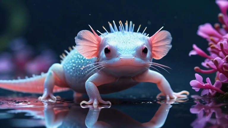 Ethereal axolotl surrounded by vast pure void on a desktop/PC, with extreme depth of field and brilliant colors for an immersive experience.