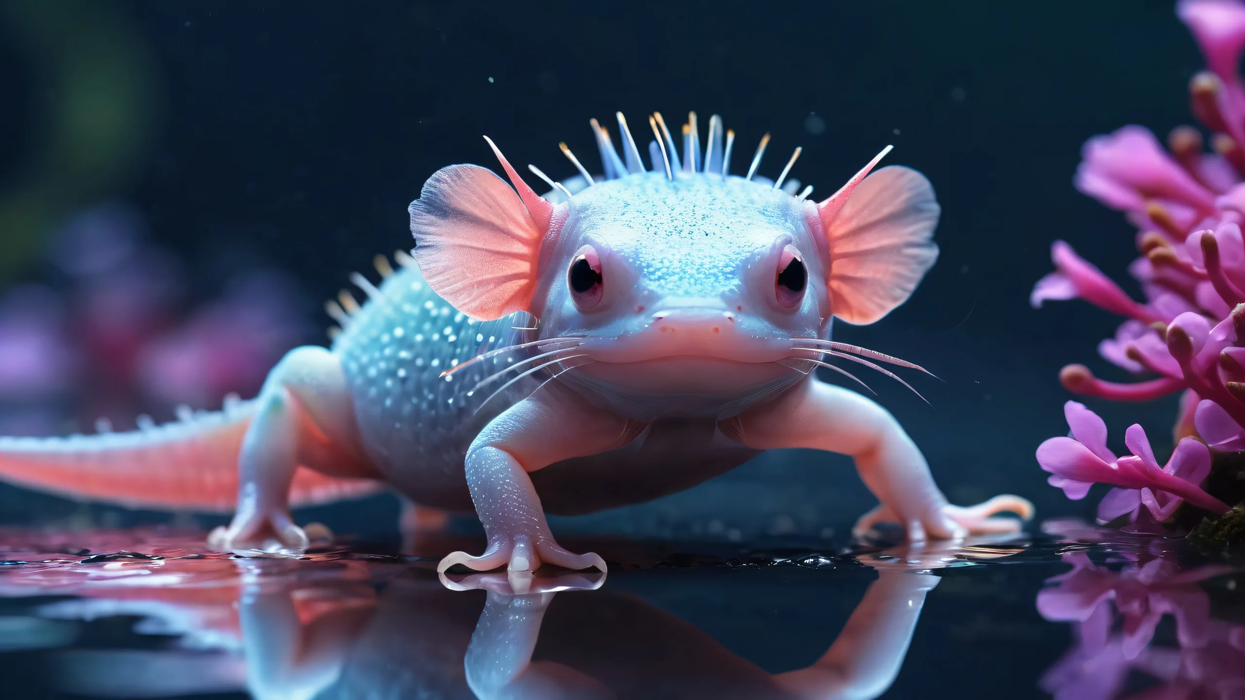 Ethereal axolotl surrounded by vast pure void on a desktop/PC, with extreme depth of field and brilliant colors for an immersive experience.