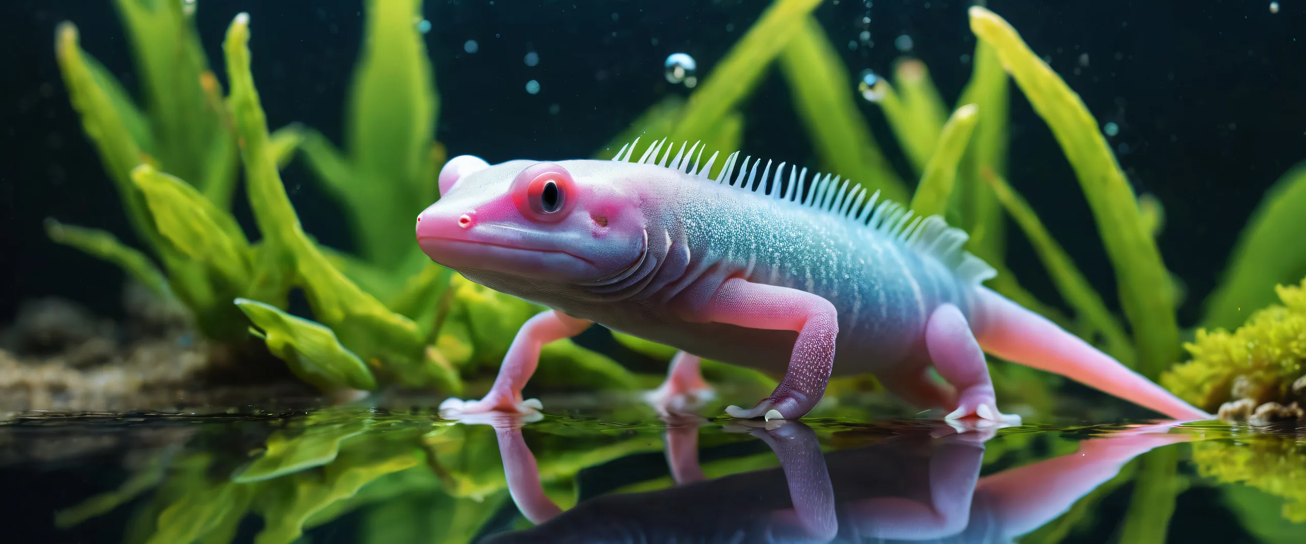 Axolotl swimming in a sunlit aquatic paradise on desktop/pc background with ethereal lighting and pristine clarity.