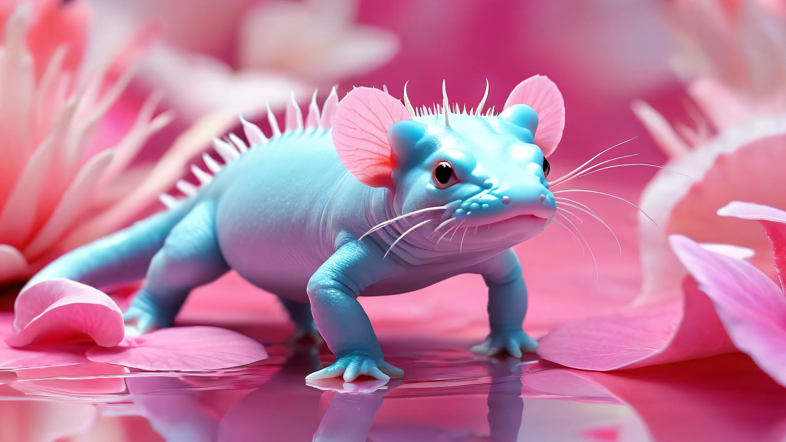 Ethereal Axolotl Odyssey 4K UHD Wallpaper A serene desktop image featuring an axolotl swimming in a vast, pure void against an ethereal lighting backdrop suitable for Desktop/PC