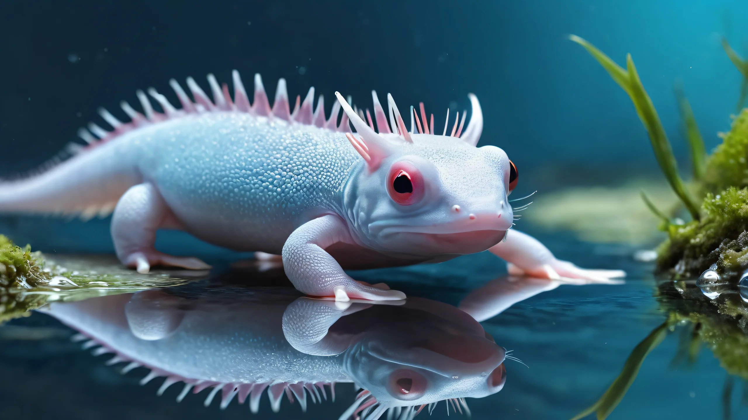 Ethereal Axolotl Depths 4K UHD Wallpaper Breathtaking desktop wallpaper featuring an axolotl in a vast pure void with extreme depth of field, perfect for Desktop/PC users seeking a serene and stunning visual experience.