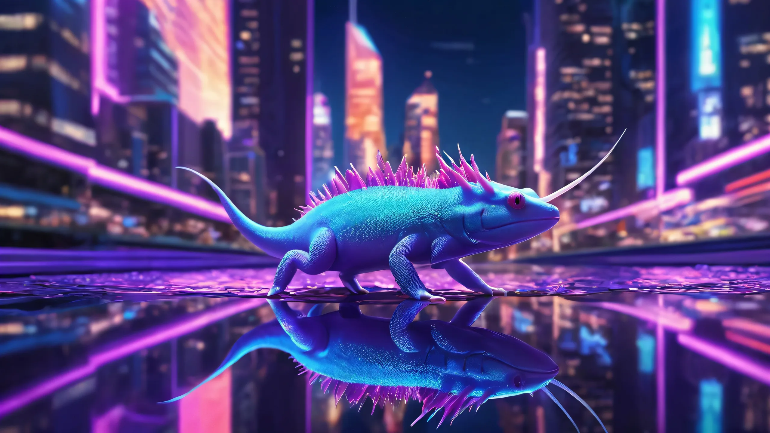 Axolotl desktop wallpaper featuring a neon-lit cityscape in a vast pure void, perfect for your PC or Desktop.