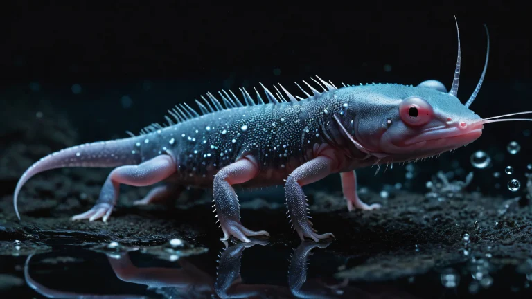 Stunning desktop wallpaper of an axolotl swimming in a deep, pure void with textured water bubbles on a dark mode background for PC or desktop display.