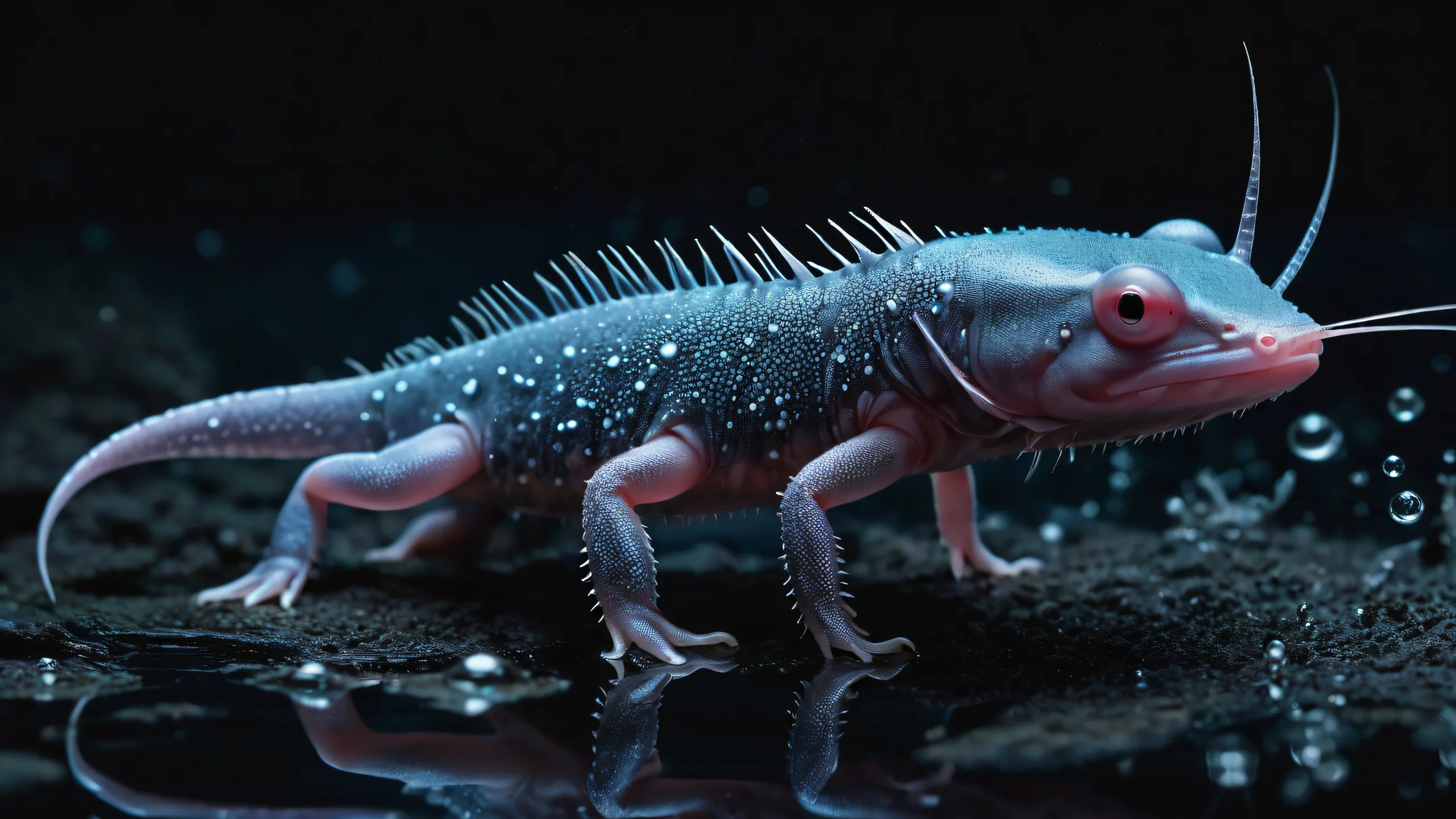 Stunning desktop wallpaper of an axolotl swimming in a deep, pure void with textured water bubbles on a dark mode background for PC or desktop display.