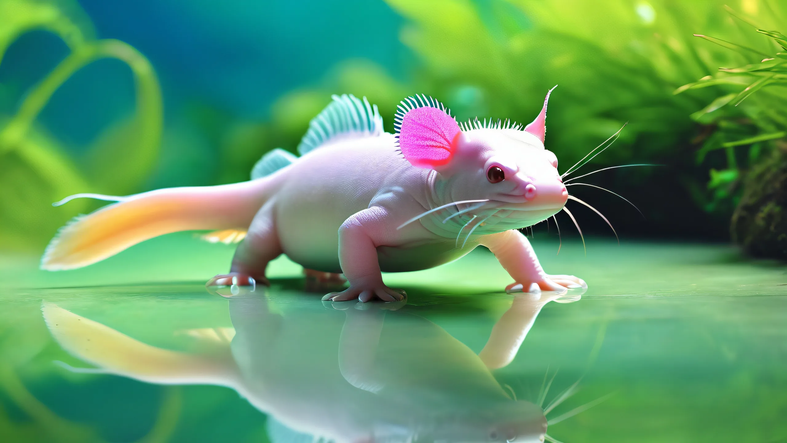 A majestic axolotl swims in a vast, pure void against a radiant, brilliant background, perfect for desktop/pc use.