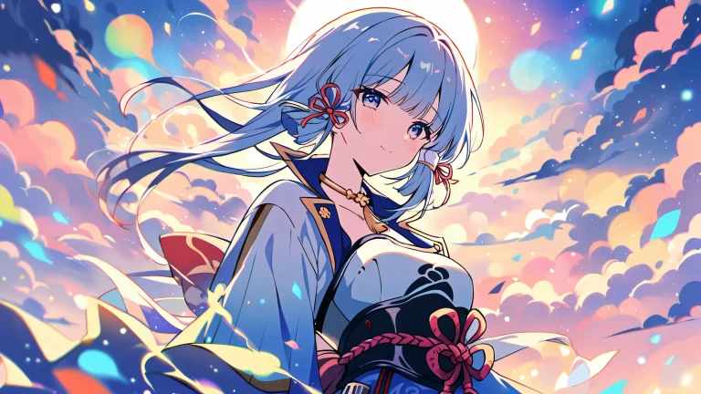 A beautifully illustrated anime scene of Kamisato Ayaka from Genshin Impact on a clean and vast pure void background with extreme depth of field and heavy bokeh particles, perfect for desktop use on PC or laptop.