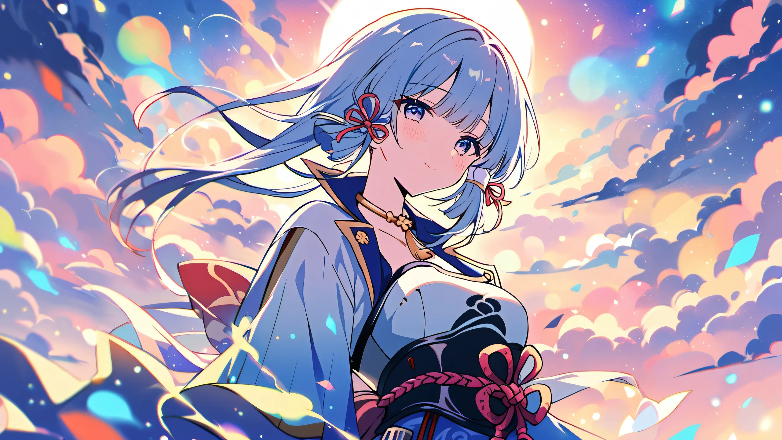 Ayaka's Ethereal Night Sky 4K UHD Wallpaper A beautifully illustrated anime scene of Kamisato Ayaka from Genshin Impact on a clean and vast pure void background with extreme depth of field and heavy bokeh particles, perfect for desktop use on PC or laptop.