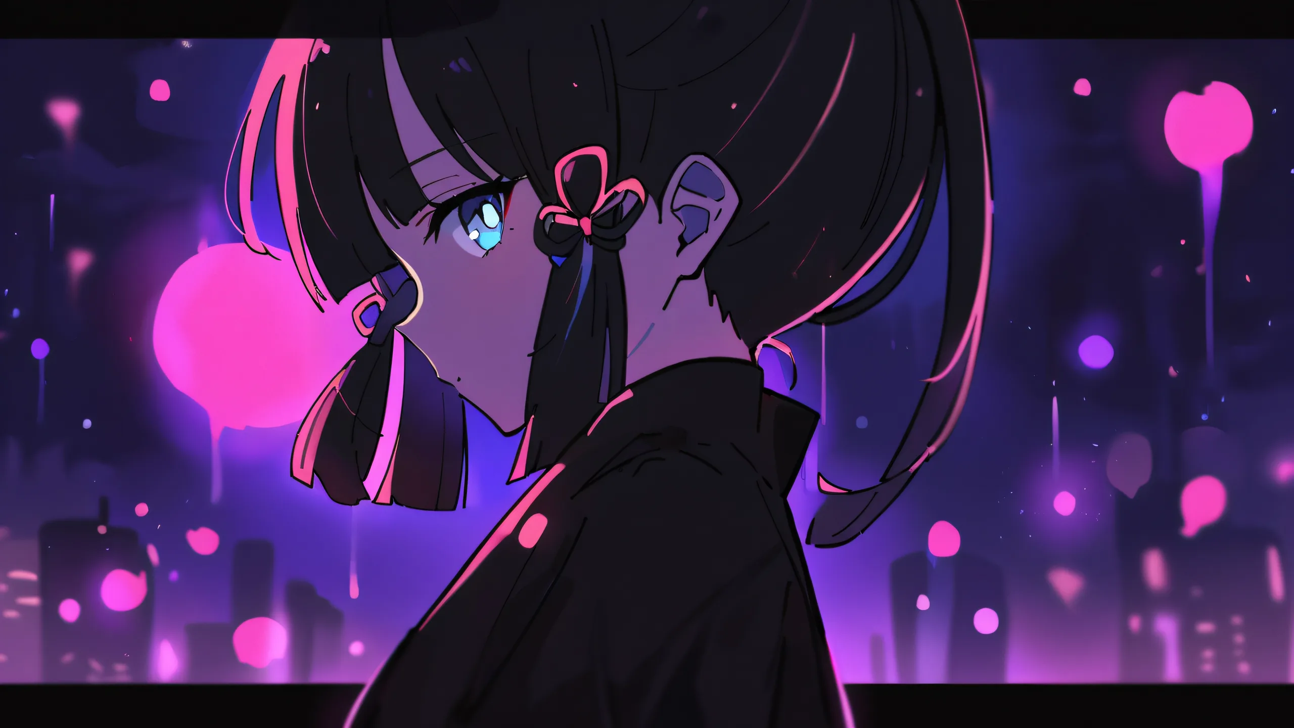 Ayaka from Genshin Impact looking at viewer on a clean pure void desktop/pc background with extreme depth of field and perfect blacks.