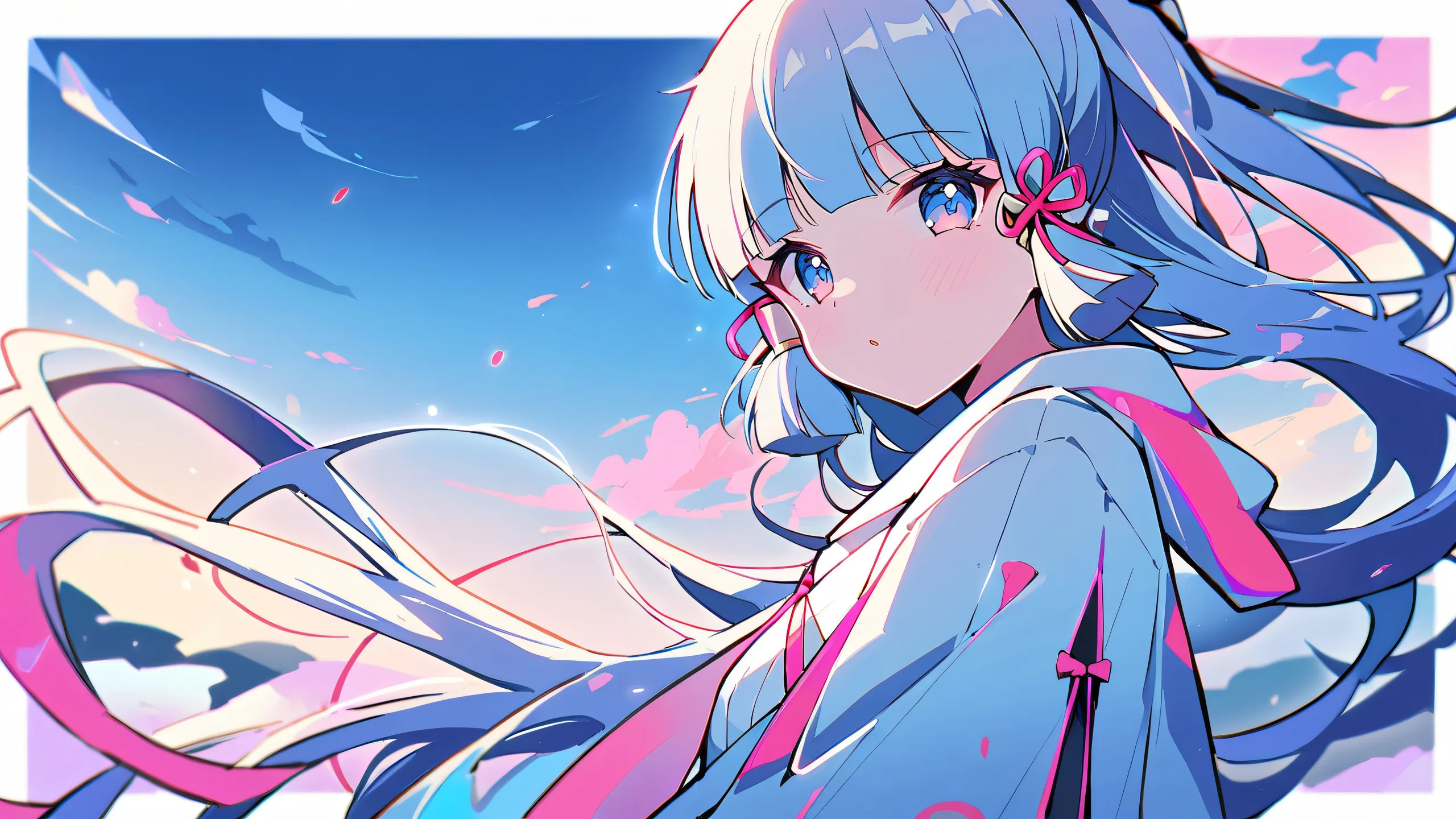 A serene Kamisato Ayaka scene for your Desktop/PC, featuring a vast pure void with extreme depth of field and cinematic lighting.