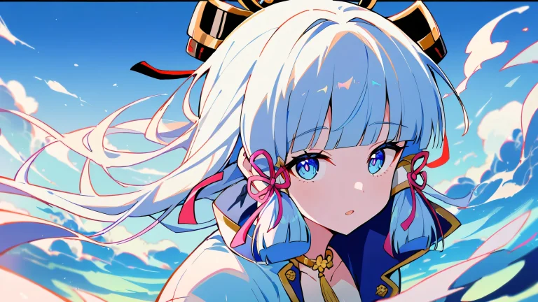 A serene Ayaka from Genshin Impact gazing directly at the viewer on a clean and vast void background, perfect for desktop use. Suitable for PC or Desktop.