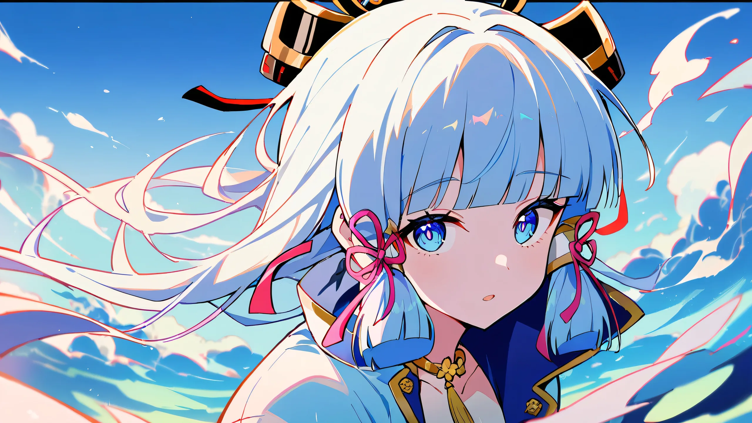 A serene Ayaka from Genshin Impact gazing directly at the viewer on a clean and vast void background, perfect for desktop use. Suitable for PC or Desktop.