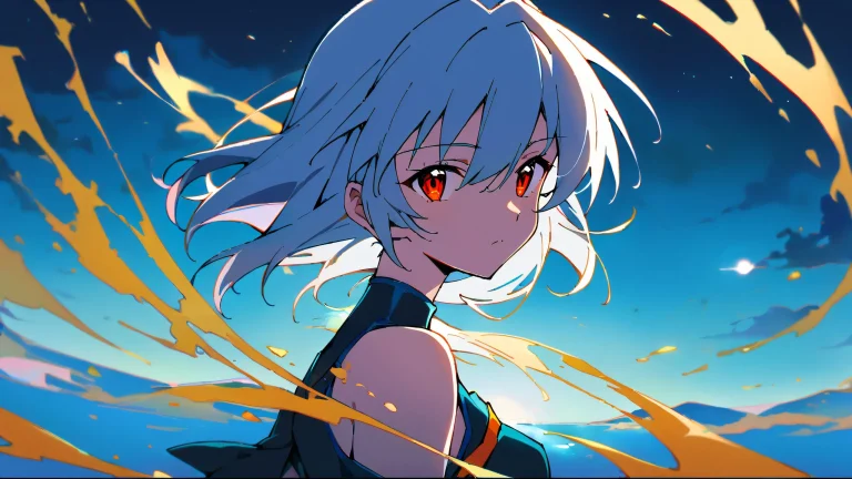 Rei Ayanami looking directly at the viewer on a perfectly clean vast pure void background for Desktop/PC use.