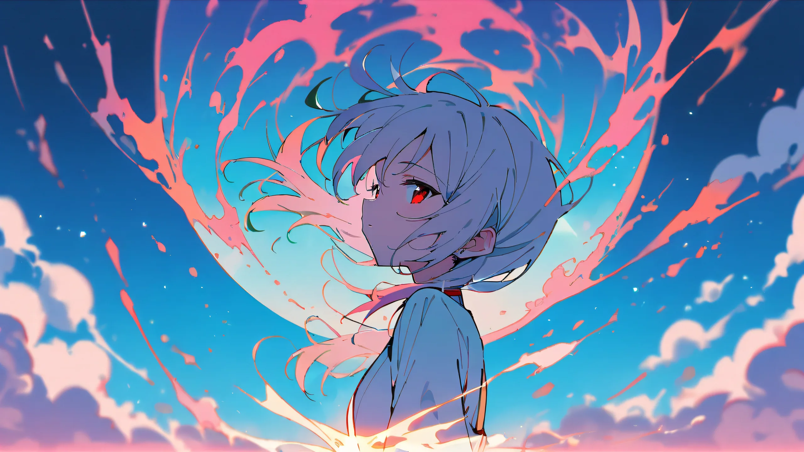 Rei Ayanami gazing into the distance on a bright and airy desktop with a perfectly clean vast pure void background.