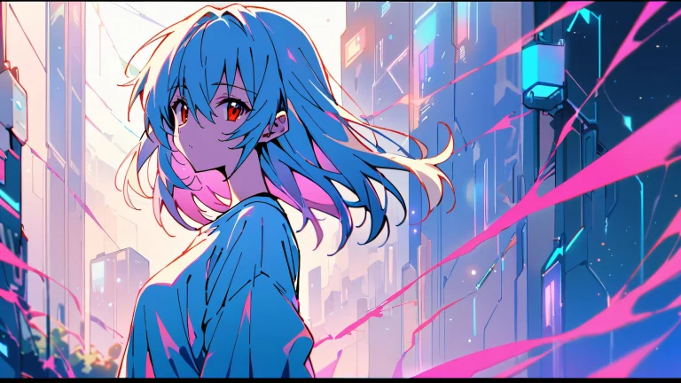 Solo Rei Ayanami looking at viewer on a perfectly clean vast pure void background, with extreme depth of field and circuit board print details, ideal for Desktop/PC use.