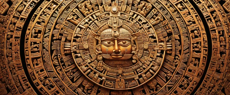 A majestic Aztec Sun Stone temple on a pure void desktop background for PC/Computer