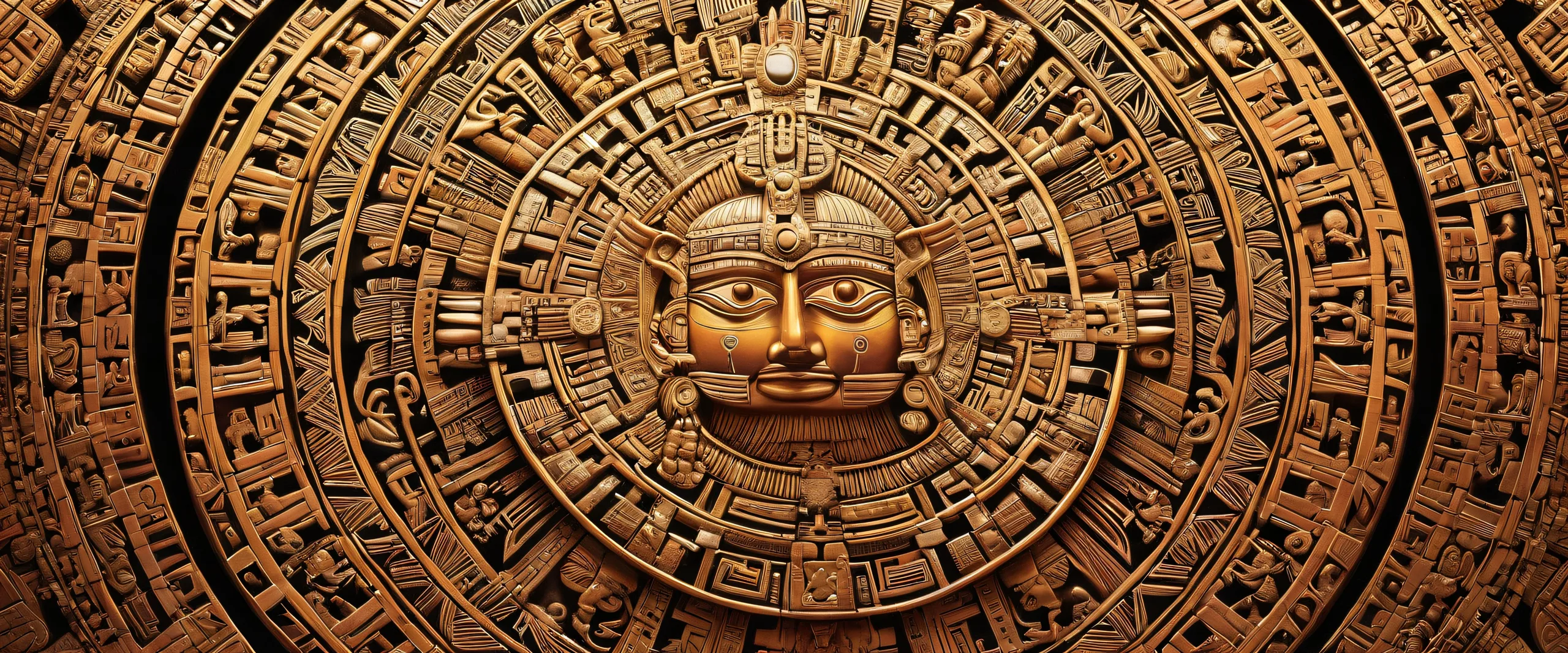 A majestic Aztec Sun Stone temple on a pure void desktop background for PC/Computer
