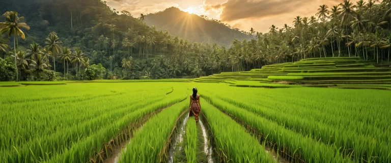 Woman in rice field with Bali jungle landscape in the background, perfect for desktop/pc screens.