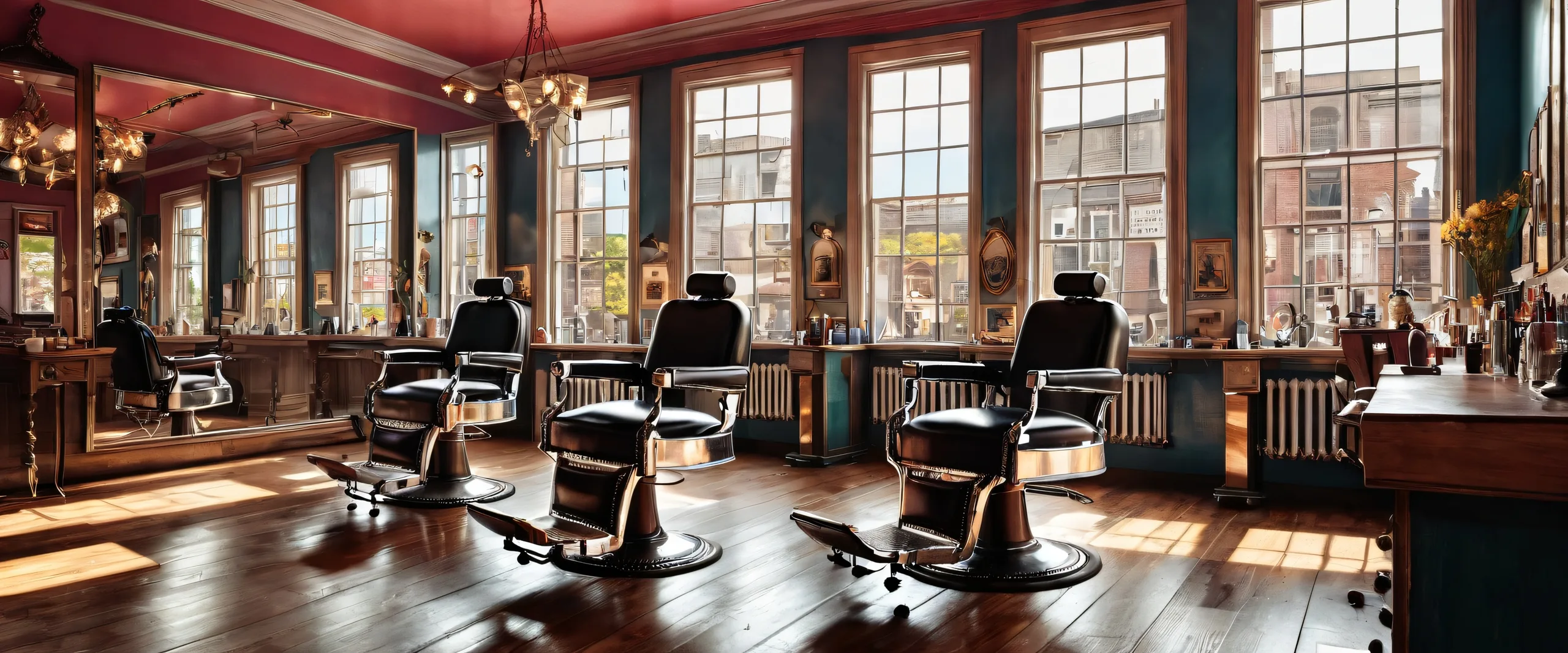 Desktop/PC background of a surreal barber shop scene with extreme depth of field and ethereal lighting.