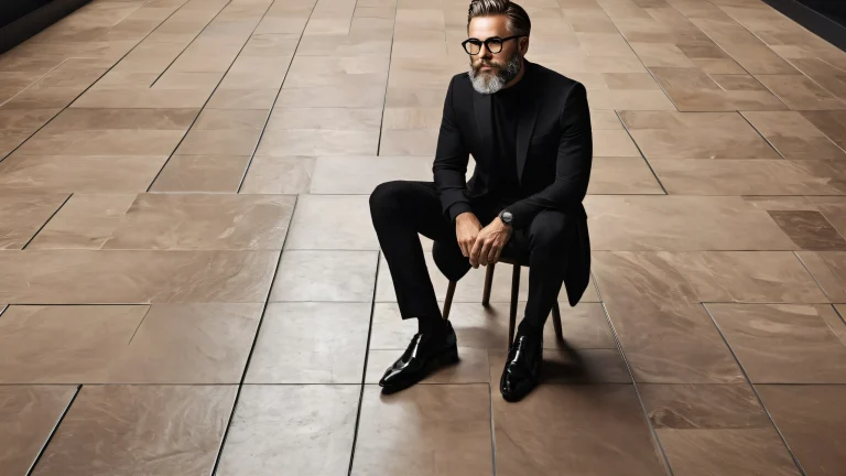 A man with a beard and glasses standing in front of a pristine beige tile floor, デスクトップ/PCに最適