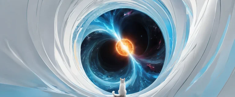 Desktop/PC wallpaper of Black Hole Cat in a vast pure void with radiant colors and ray-traced reflections.
