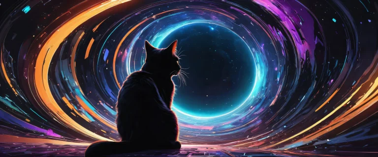 Desktop/PC wallpaper featuring a stunning black hole cat in a vast pure void with ethereal lighting and brilliant colors.