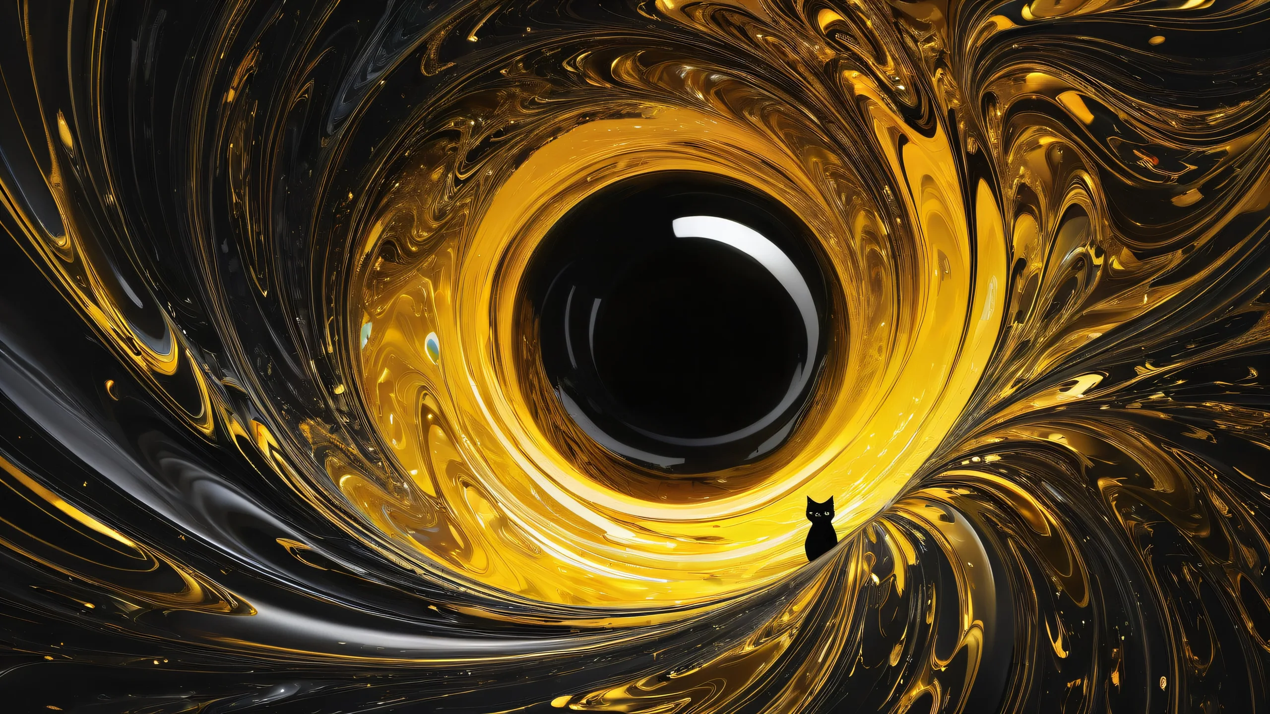 Desktop/PC wallpaper featuring Black Hole Kitty in a breathtakingly clean and vast pure void with hints of kitchen floor textures, for optimal screen reading.