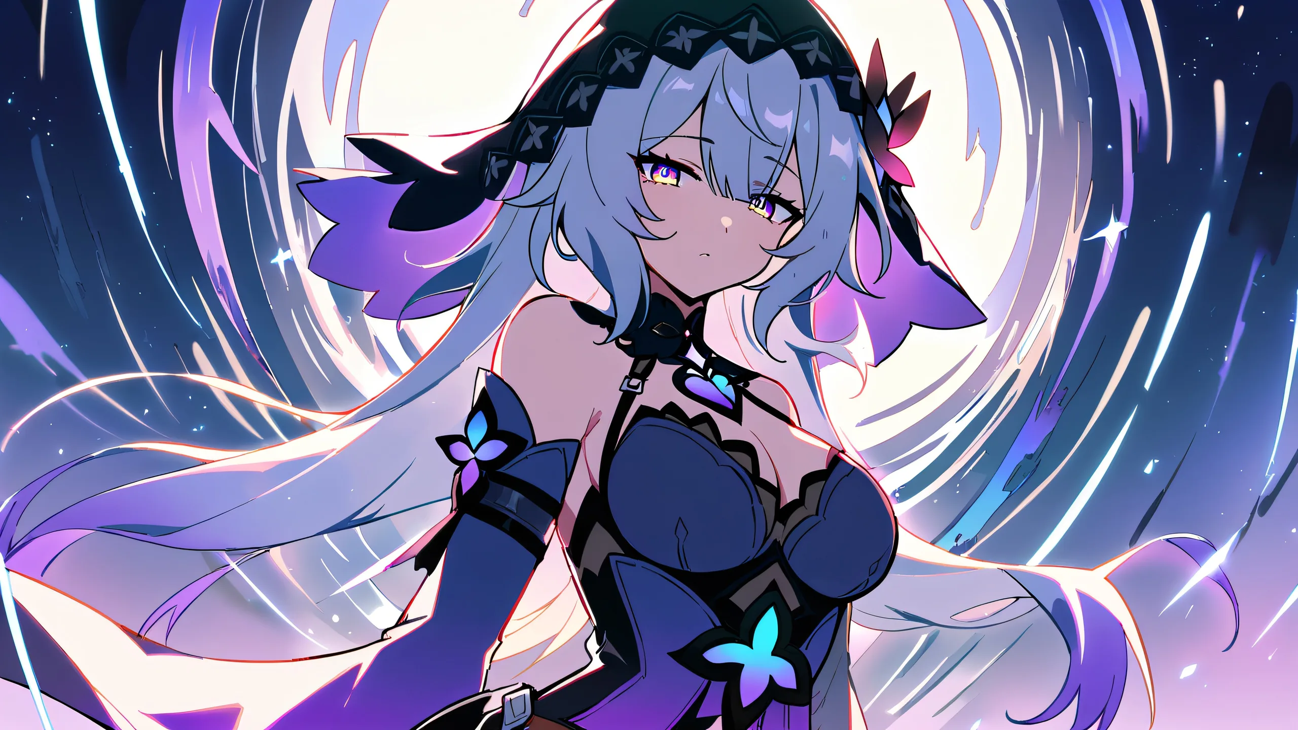 A solo black swan from Honkai: Star Rail looks directly at the viewer on a perfectly clean vast pure void, with extreme depth of field, against a bright and airy beautiful sky for desktop/pc