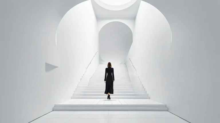 A lone figure descends a staircase into the depths of a pure white void on a desktop/pc background.