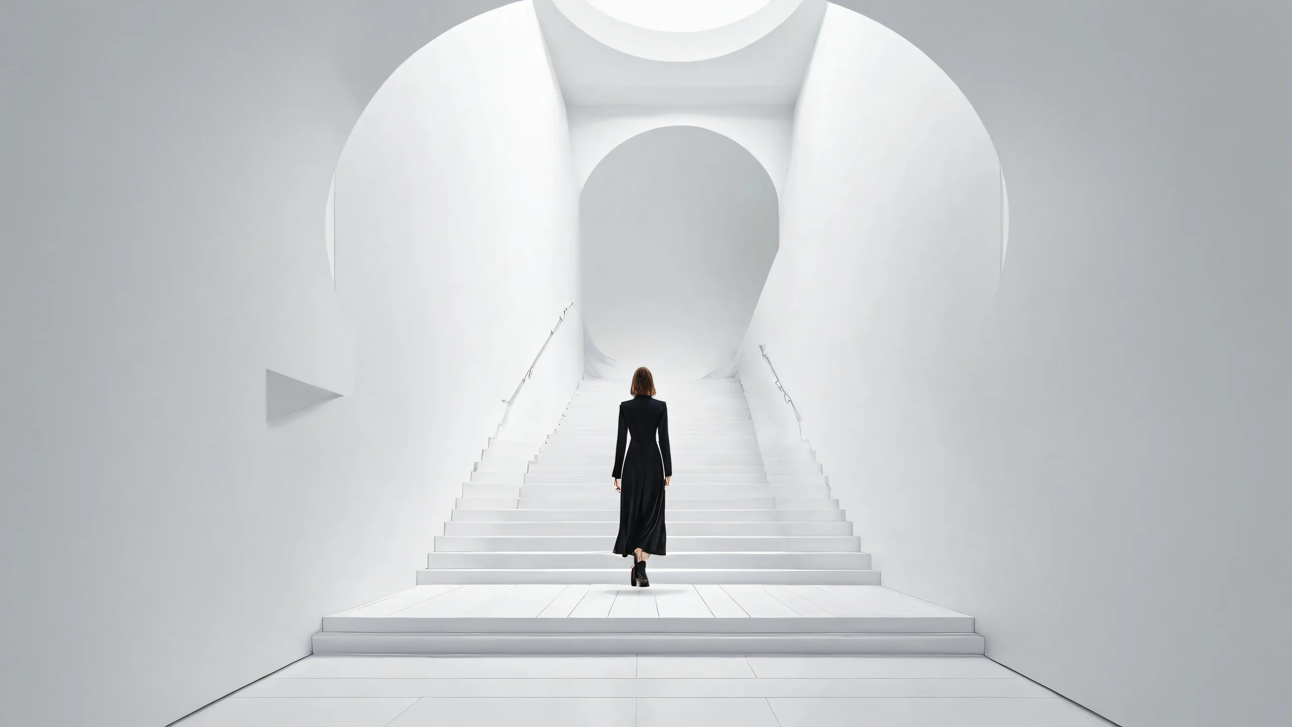 A lone figure descends a staircase into the depths of a pure white void on a desktop/pc background.