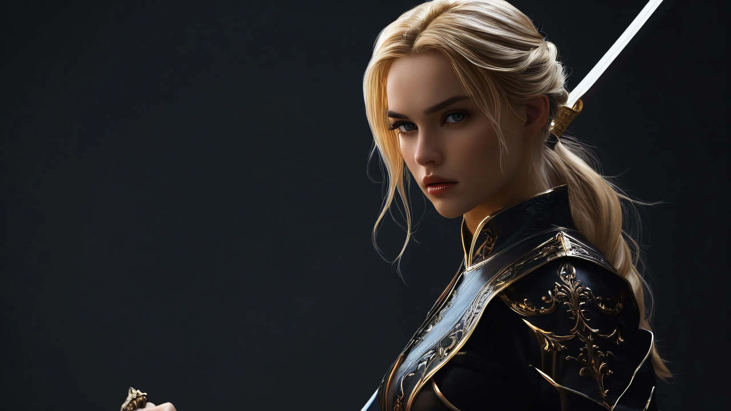 Elegance in Darkness Aesthetic PC Wallpaper Blonde woman wielding a sword against a backdrop of a vast, pure void. Suitable for desktops and PCs.