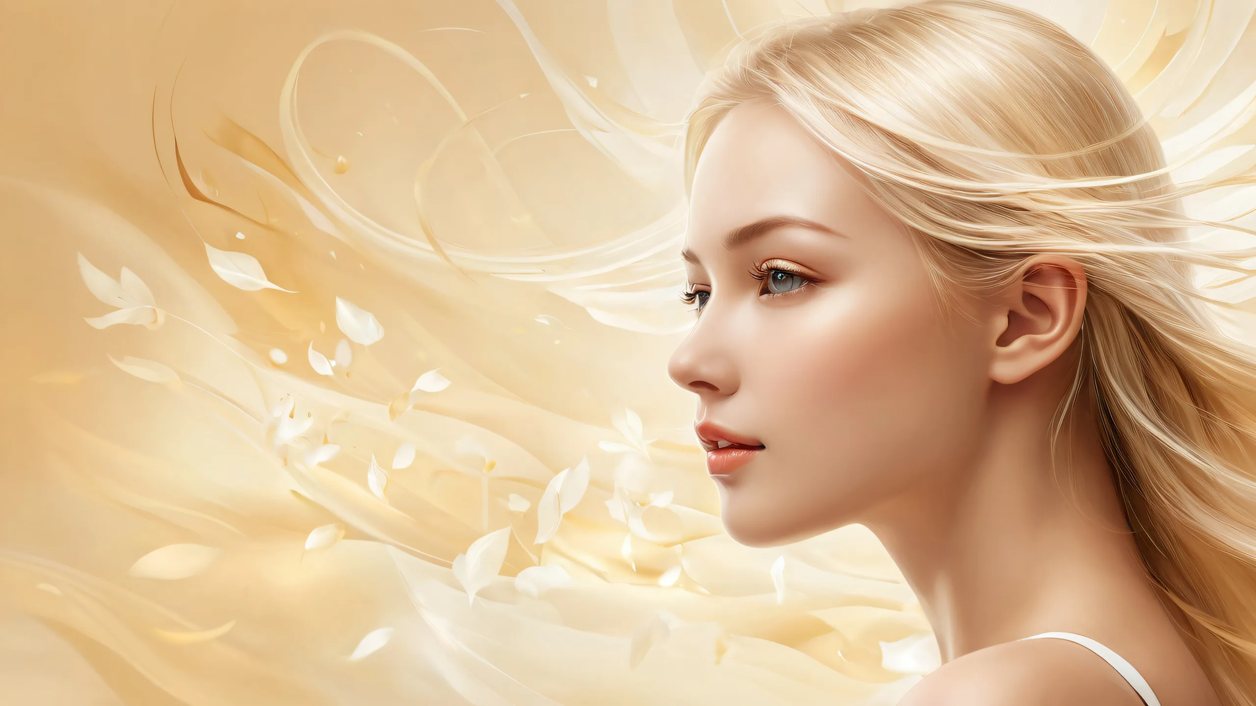 A stunning desktop image of a blonde woman against a perfectly clean vast pure void with extreme depth of field, suitable for Desktop/PC users.