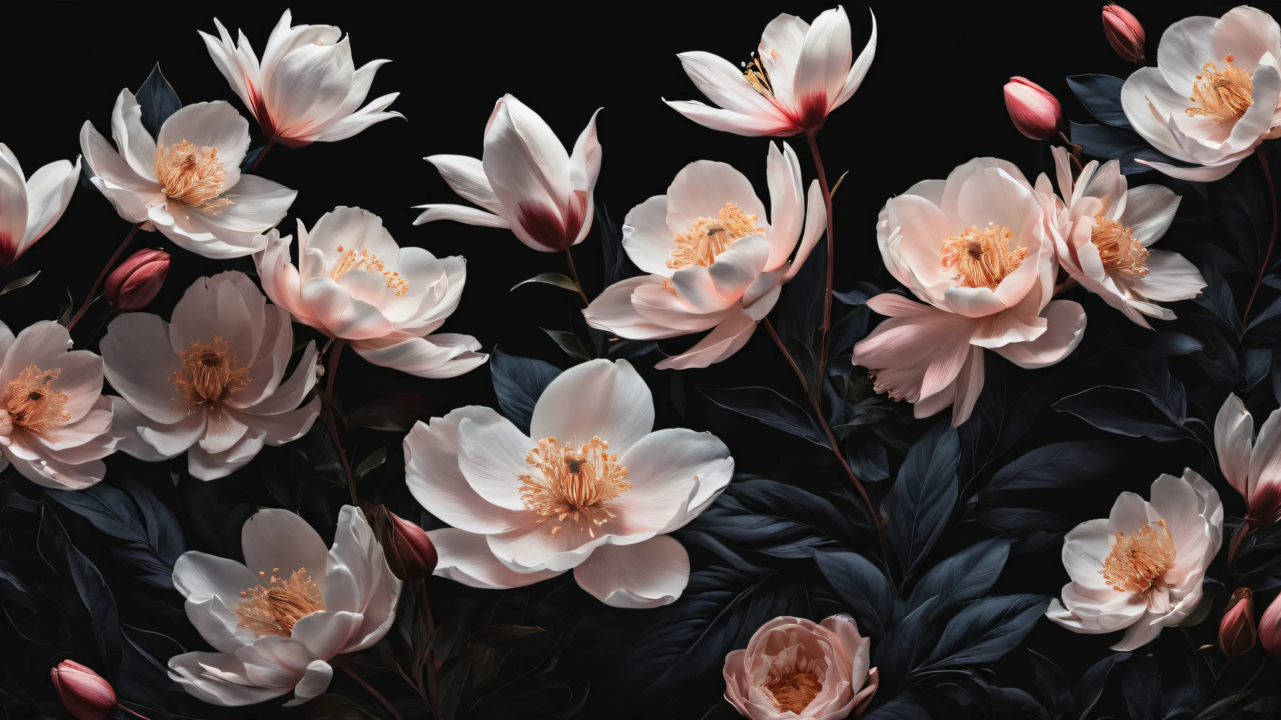 A stunning desktop wallpaper featuring blooming florals against a pristine pure void, perfect for your Desktop/PC.