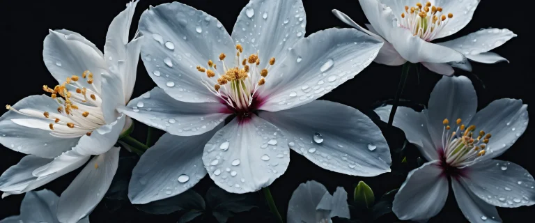 A stunning desktop wallpaper of blooming florals on a pure void background, parfait pour votre PC ou ordinateur de bureau. The image features deep blacks, contraste saisissant, et d'élégants accents luminescents.
