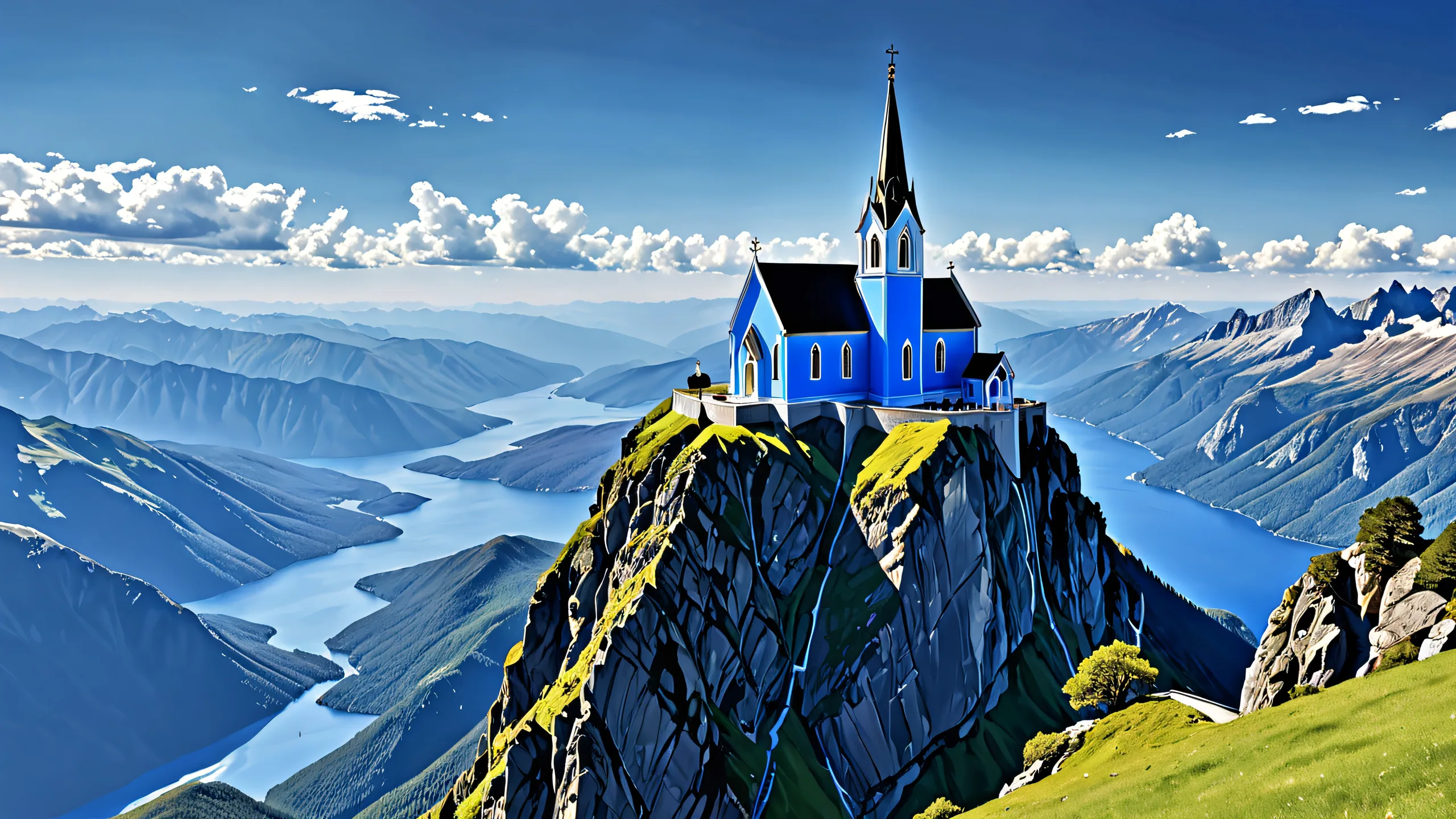 Suspended mountaintop blue church against a vast pure void for Desktop/PC use.