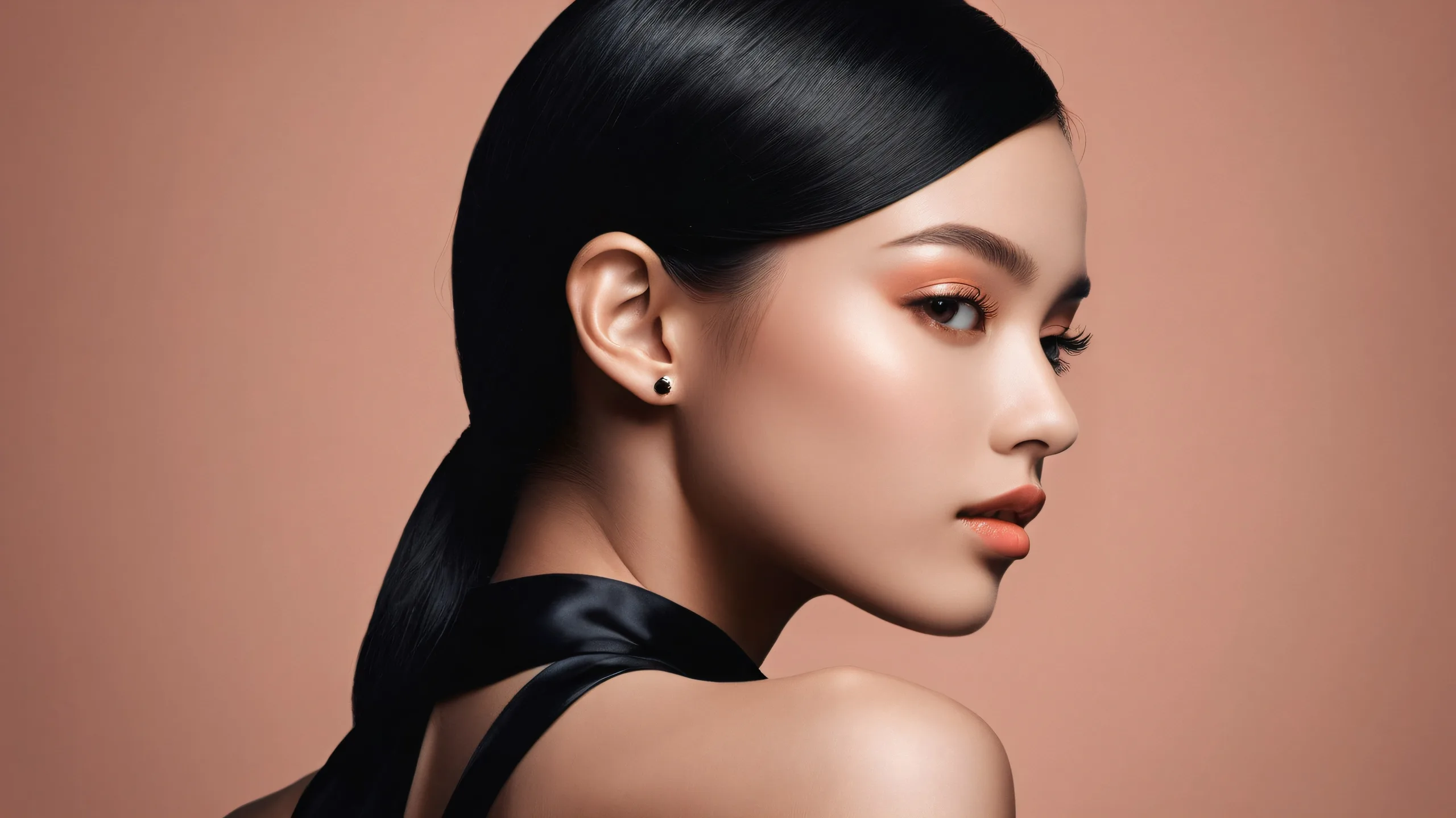 A serene and elegant dark mode desktop featuring a woman surrounded by a vast pure void, perfect for your PC or Desktop.