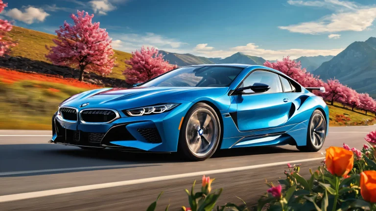 A stunning BMW vehicle against a pure void background with vibrant flowers and a brilliant blue sky, perfect for a desktop/pc wallpaper.