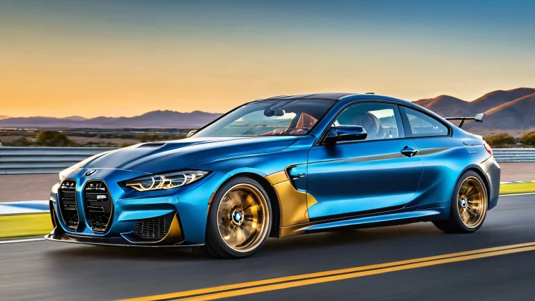 A beautifully rendered desktop wallpaper of a BMW M4 Competition car, set against a stunning evening sky with golden hues, デスクトップやPCに最適.