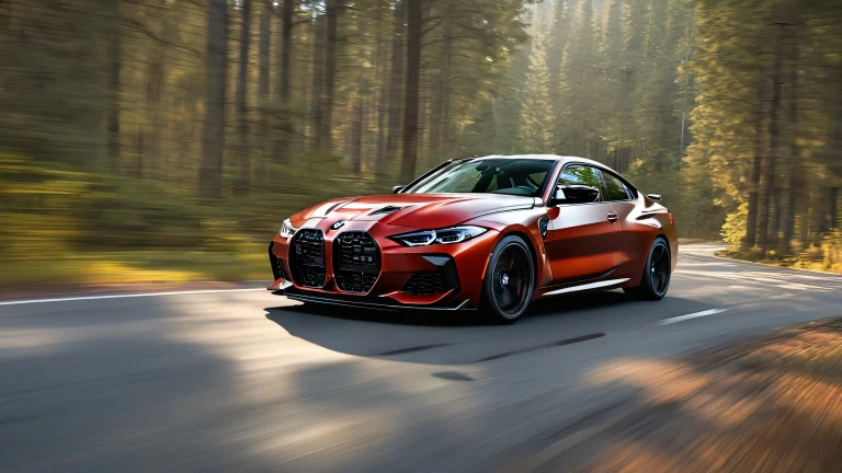 Desktop/PC wallpaper of a sleek 2021 BMW M4 Competition in a vast pure void with a forest background and subtle road texture, for screen readers.